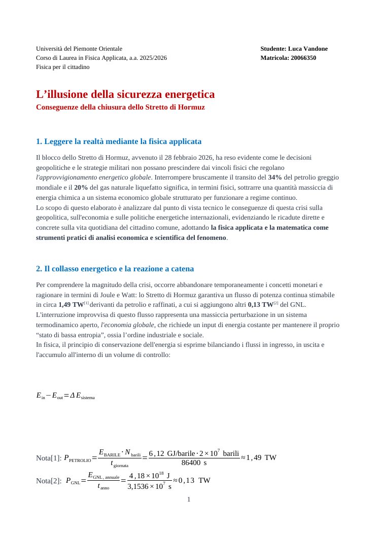 Prima pagina di L'illusione della sicurezza energetica